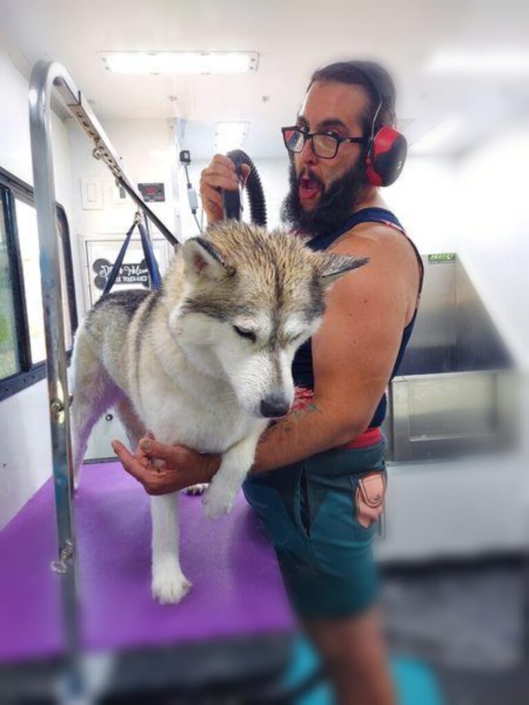 A man with a beard and glasses is holding a husky dog